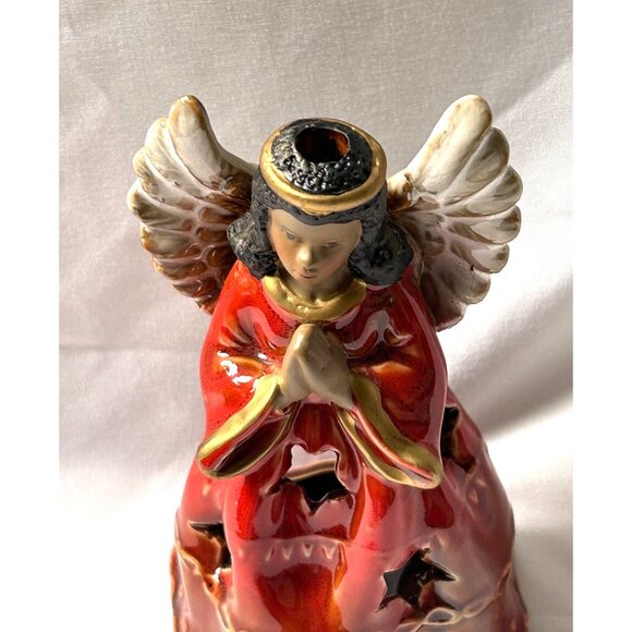 Hand-Painted Red Ceramic Angel Candle Holder W/Star & Gold Accents Religious - Picture 10 of 11
